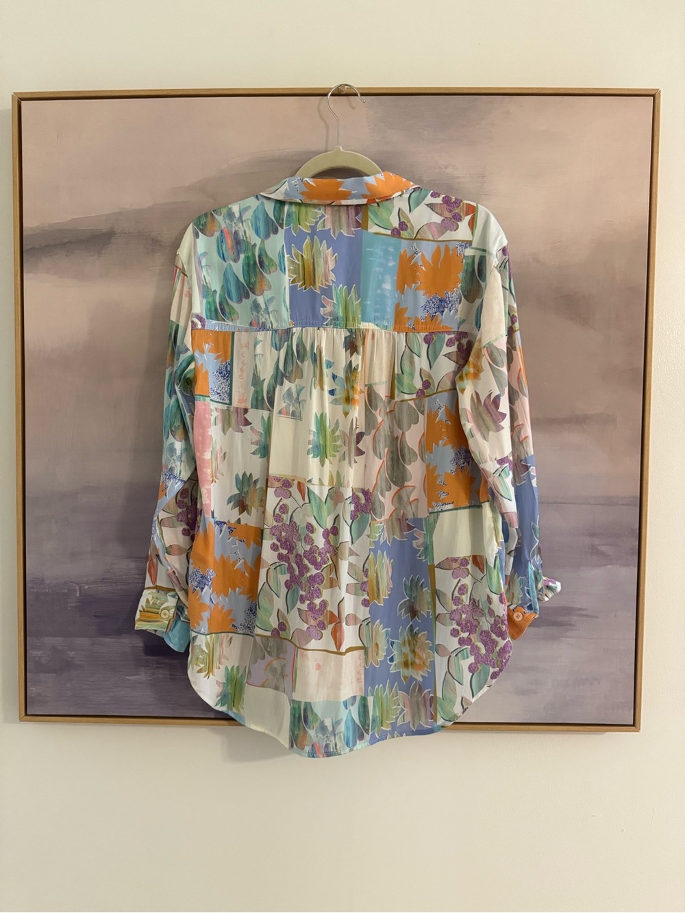 Anthropologie Abstract Patchwork Floral Silky Button-Down Blouse - Picture 5 of 7